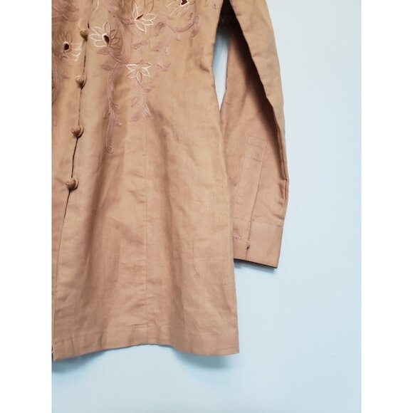 Together! Womens 4 Asian Blouse Linen Blend Tan Open Work Mandarin Knot Floral - Picture 3 of 6